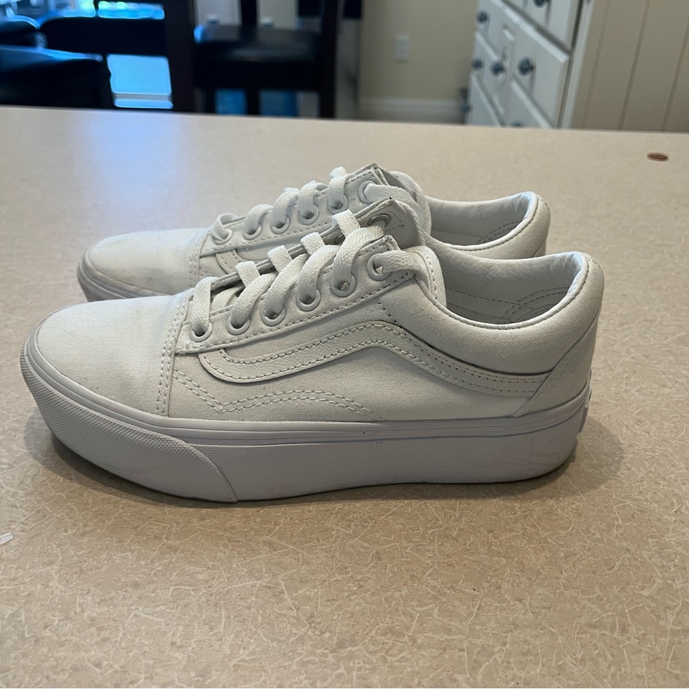 All white platform Vans Old Skool